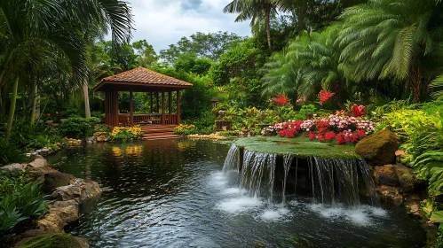 Tranquil Garden Scene with Waterfall