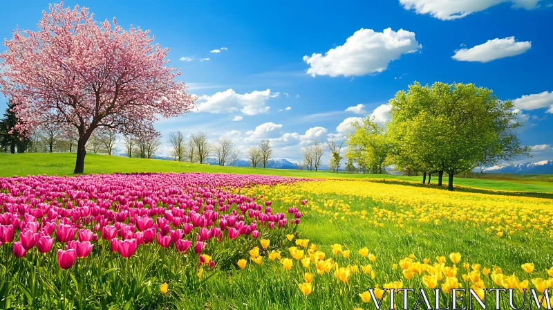 Colorful Tulips Field with Blossom Tree