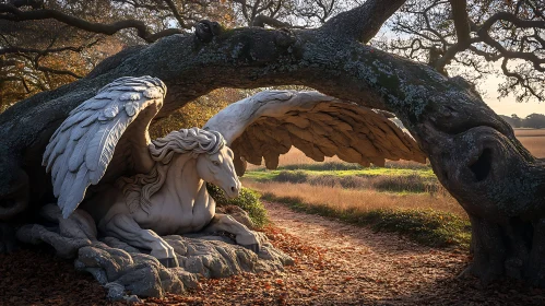 Winged Horse Statue in Autumn Landscape