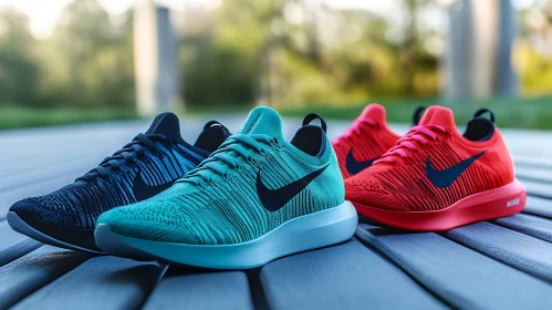 Colorful Sneakers on Wooden Surface