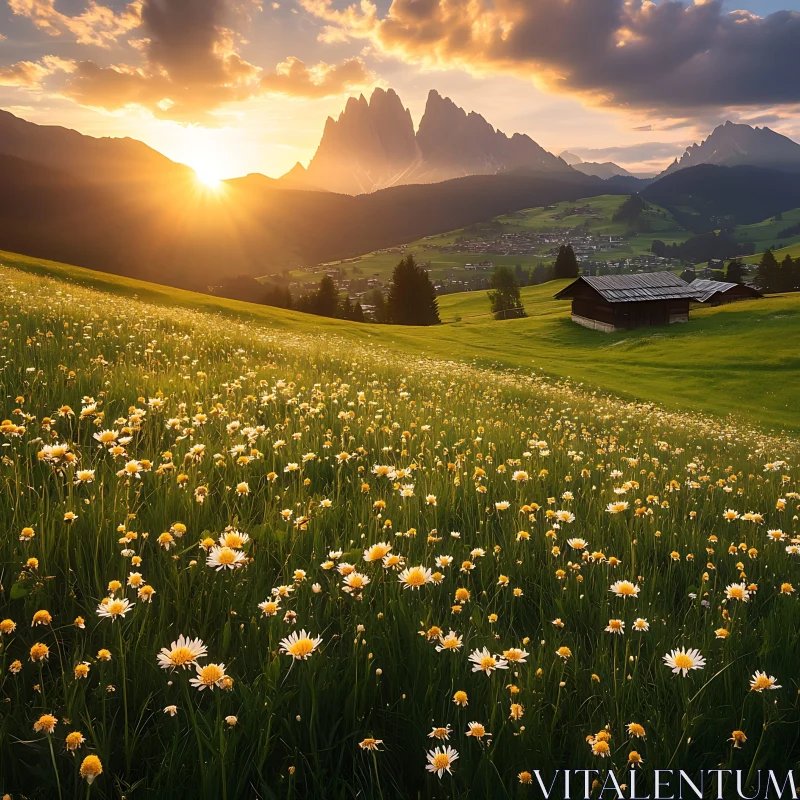 Daisies in Mountain Valley at Sunset
