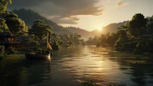 Asian Styled Boat on a River at Sunset - Rendered in Unreal Engine