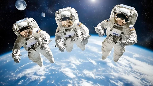 Floating Astronauts Over Earth