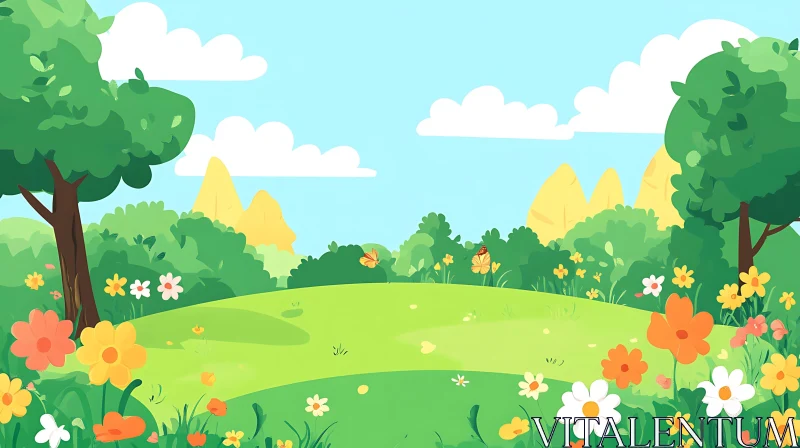 Cartoon Field with Flowers and Butterflies