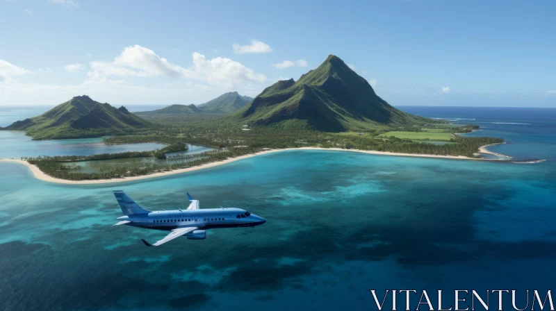 Blue Airplane Flying over Ocean near Tropical Islands AI Image