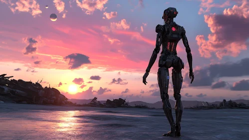 Robot at Sunset in a Futuristic World
