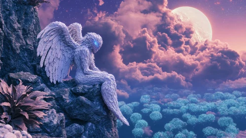 Cliffside Angel Contemplating Moonlit Vista