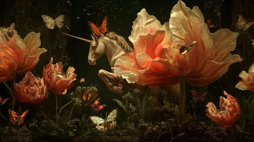 Unicorn with Butterfly in Flower Garden