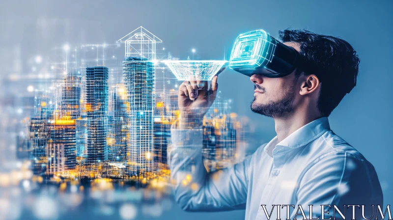 Man in VR Headset Exploring Digital City