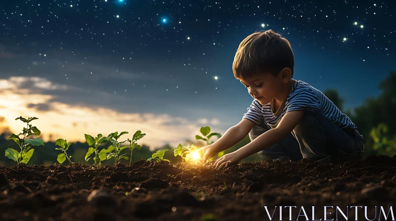 Boy Planting Seedling Under Night Sky
