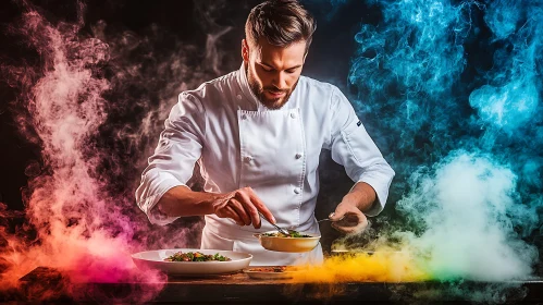 Gourmet Chef Plating with Colorful Smoke Background