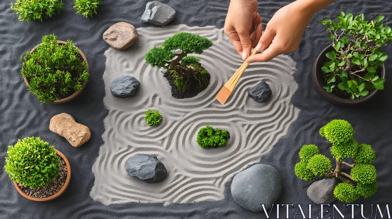 Tranquil Zen Garden with Bonsai and Stones AI Image