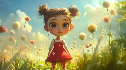 Cartoon Girl in a Floral Field