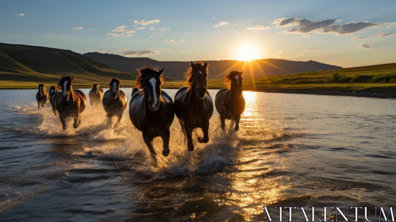 Mares Running in River at Sunset - Native American Style Art AI Image
