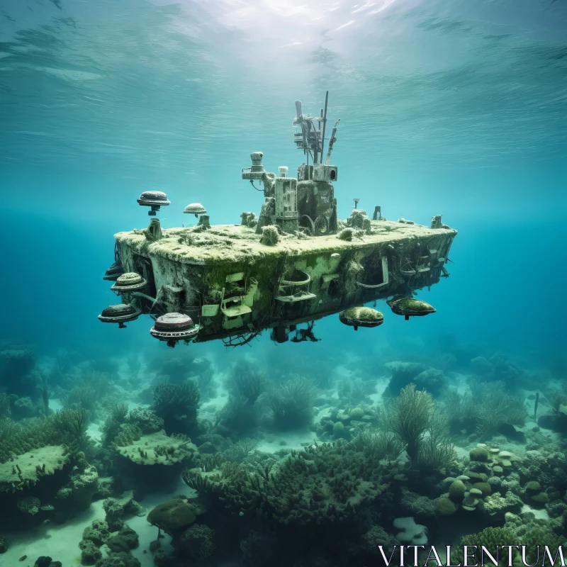 Underwater Post-Apocalyptic Scene with Sunken Ship and Coral Reef AI Image