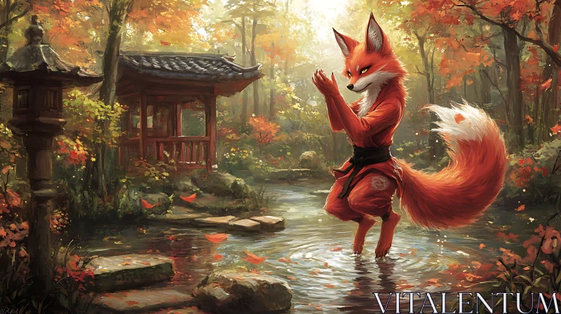 Serene Fox in Woodland Stream AI Image