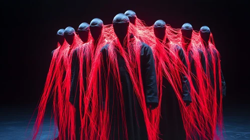 Mysterious Figures Connected by Red Threads