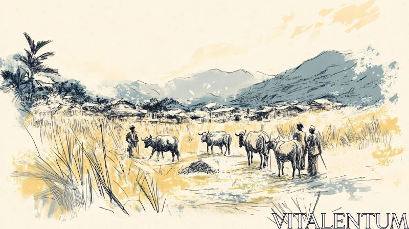 AI ART Pastoral Scene: Cattle and Villagers Artwork