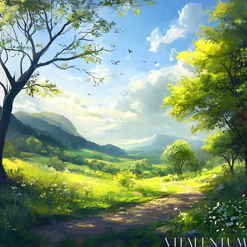 AI ART Lush Green Meadow Path Landscape