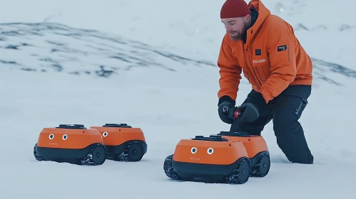 Man and Robots in Arctic Landscape