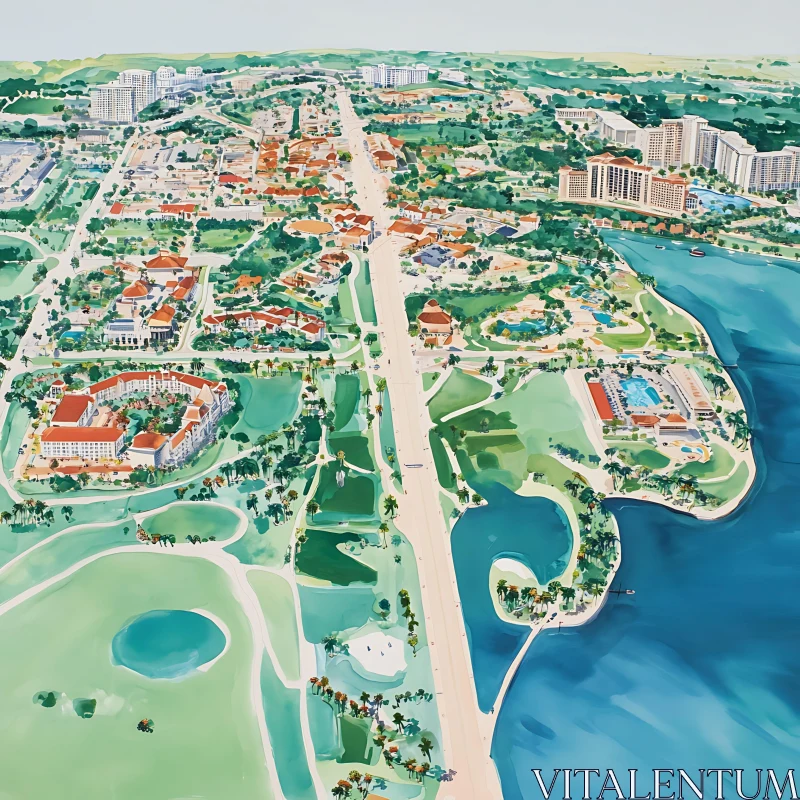 Bird's Eye View of Waterfront City AI Image