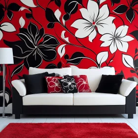 Modern Living Room with Red Floral Design