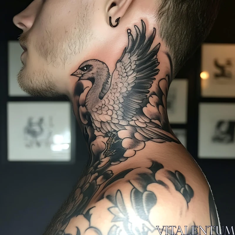 Bird Tattoo on Neck in Black and Grey AI Image