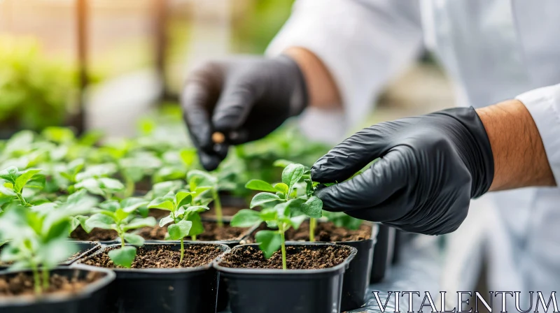 Hands Planting Seedlings in Greenhouse AI Image