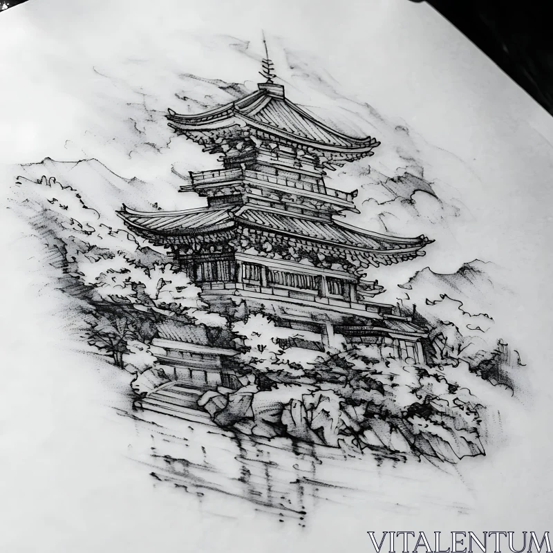 Black and White Temple Drawing AI Image