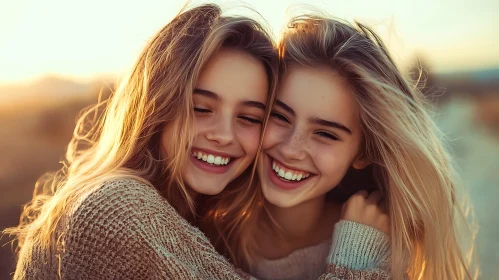 Golden Hour Embrace: Two Friends Smiling