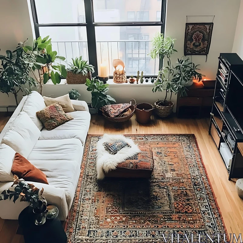 Bohemian Style Living Room with Plants AI Image