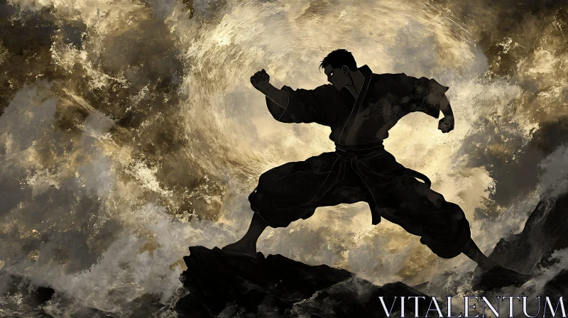 Martial Arts Fighter Silhouette on Cliff AI Image