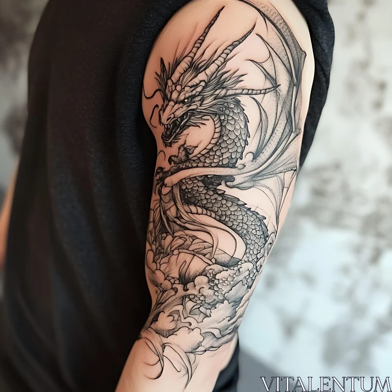 Detailed Dragon Tattoo on Arm in Black and White AI Image