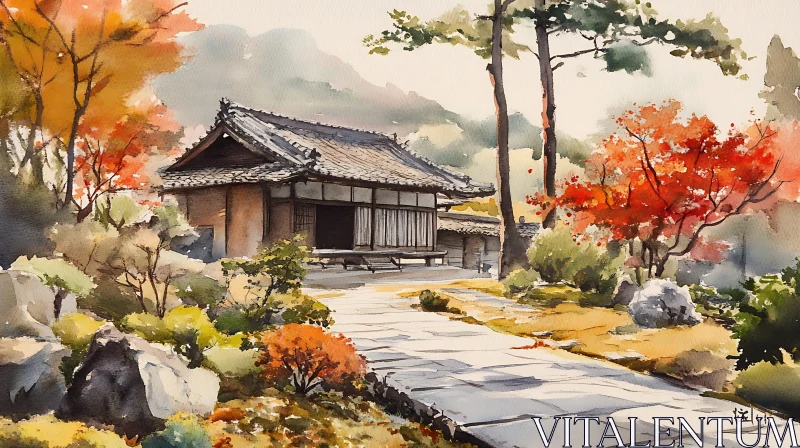 Autumnal Japanese House Watercolor Art AI Image