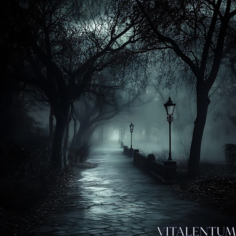 AI ART Foggy Night Park Alley