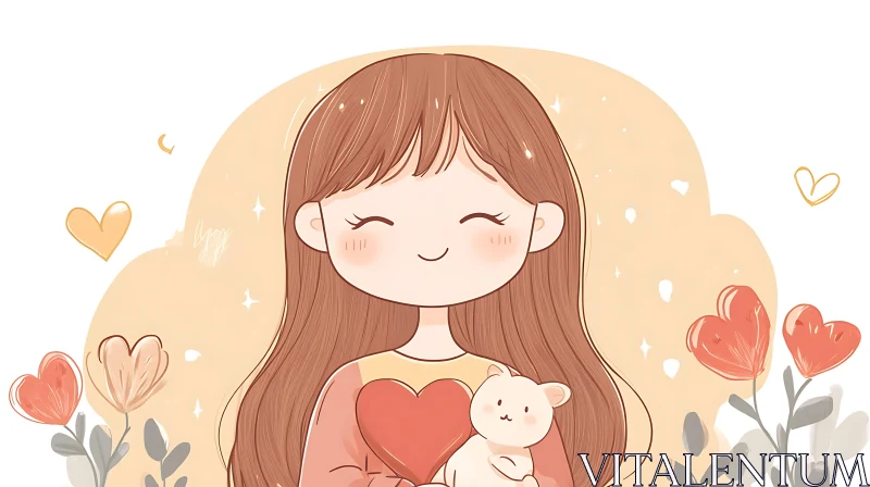 Cute Girl Holding Teddy Bear Illustration AI Image