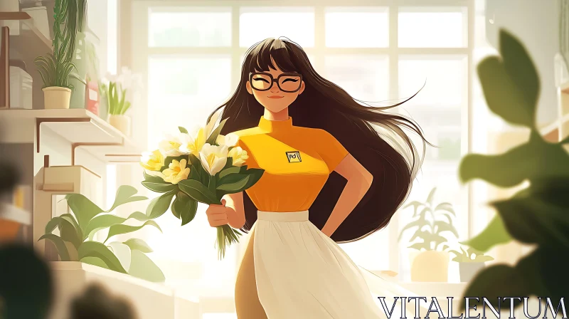 Cheerful Woman Holding Bouquet in Bright Room AI Image