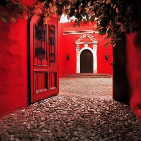 Red Courtyard with Open Doorway