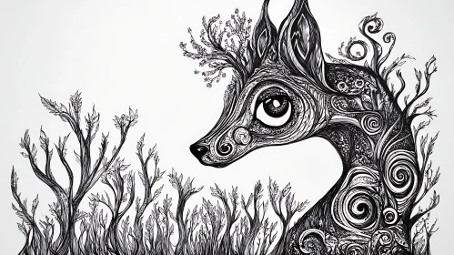 Monochrome Deer in Stylized Forest