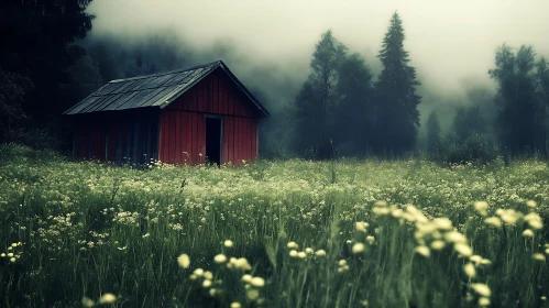 Red Cabin in Foggy Field