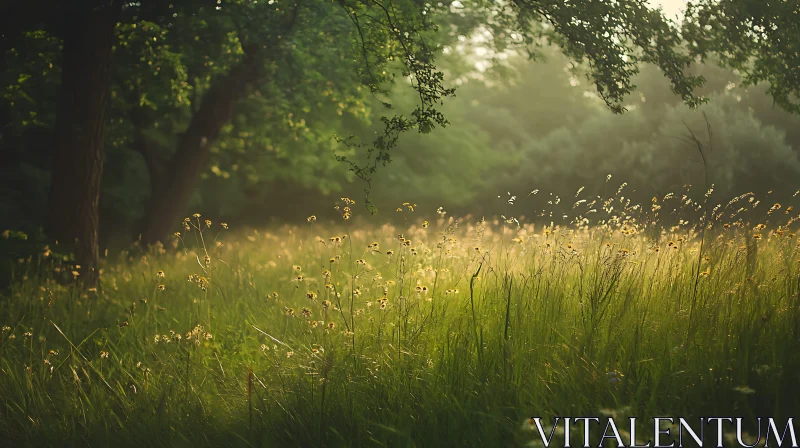 Golden Meadow Landscape with Wildflowers AI Image