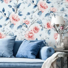 Floral Wallpaper and Blue Couch