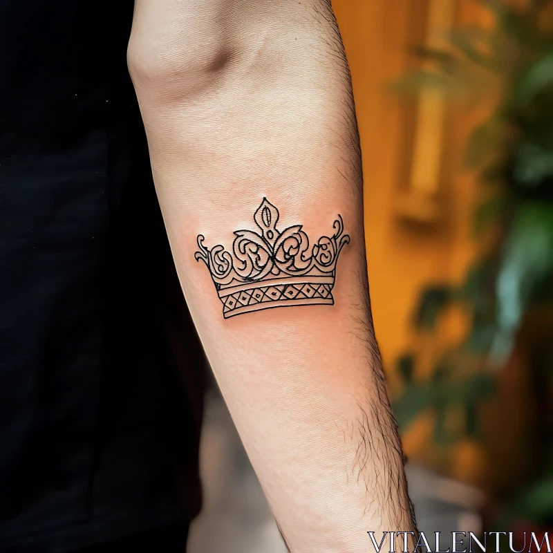 Detailed Black Ink Crown Tattoo on Arm AI Image