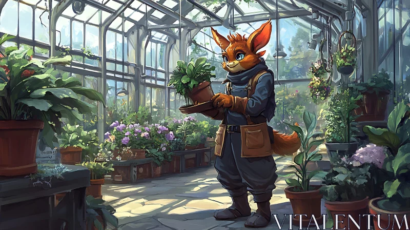 Anthropomorphic Fox Caring for Plants AI Image