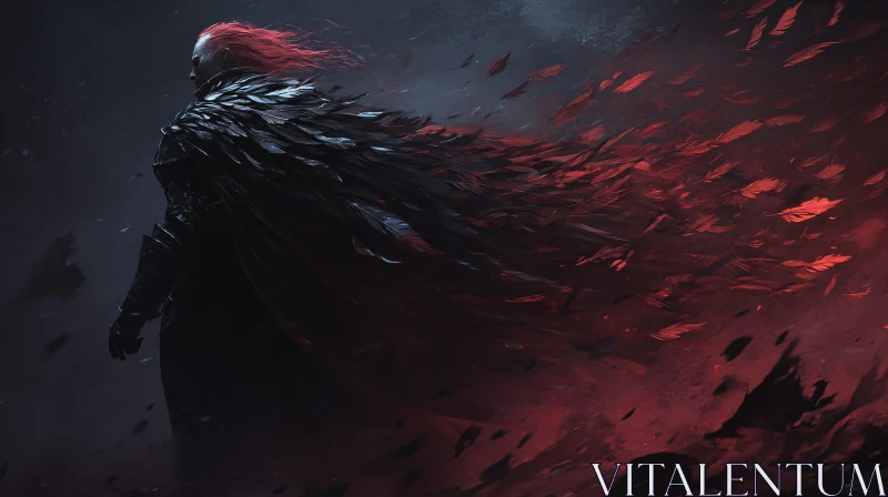 AI ART Dark Warrior with Red Hair and Feathers