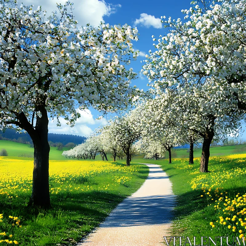 AI ART Scenic Path with Blossoming Trees