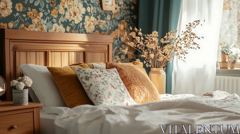 Serene Bedroom with Floral Accents AI Image