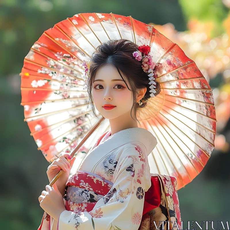 Portrait of Woman with Floral Umbrella AI Image