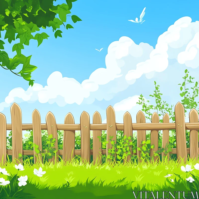 AI ART Peaceful Garden with Wooden Fence