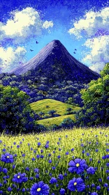 Mountain Landscape with Purple Bloom